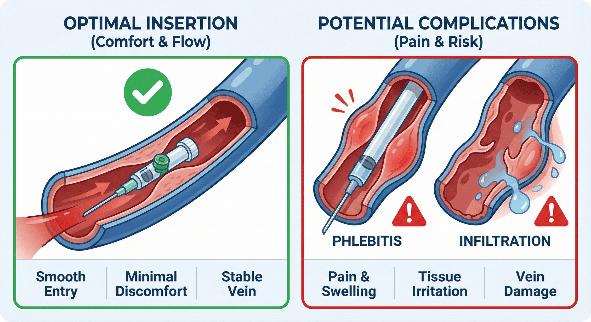 iv-needle-size-comfort-vs-complications Comparison of safe IV insertion versus complications like infiltration and vein trauma.