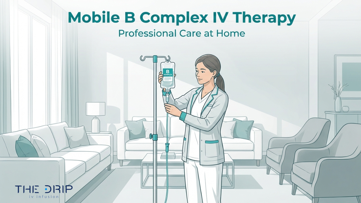 Mobile IV therapy nurse administering B complex vitamin drip at home in a comfortable living room setting