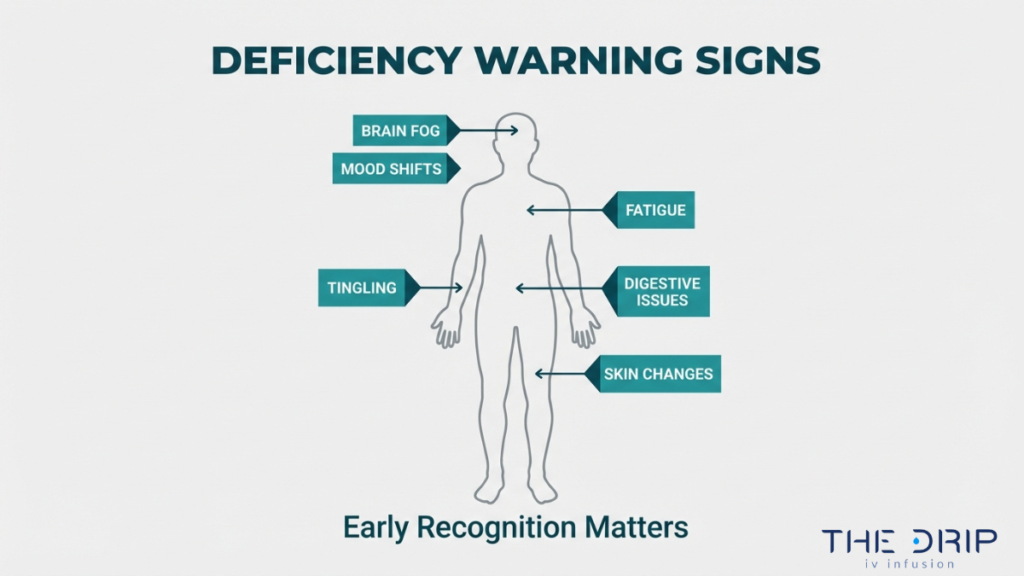 Infographic showing common vitamin deficiency symptoms including brain fog, fatigue, mood changes, digestive issues, and skin problems