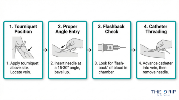 Peripheral IV catheter insertion steps diagram showing tourniquet placement, needle angle entry, flashback check, and catheter threading