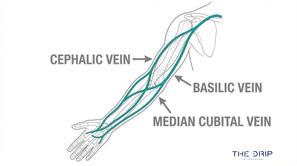 Arm vein diagram for IV insertion showing cephalic vein, basilic vein, and median cubital vein access points