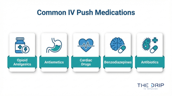 Common IV push medications infographic showing opioid analgesics, antiemetics, cardiac drugs, benzodiazepines, and antibiotics