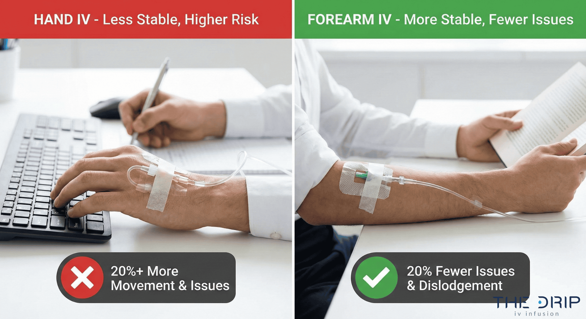 Side-by-side image comparing hand IV and forearm IV placements, showing activity impact and complication rates.