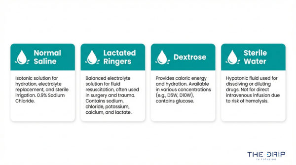 Types of IV base solutions comparison showing normal saline, lactated ringers, dextrose, and sterile water for infusion use