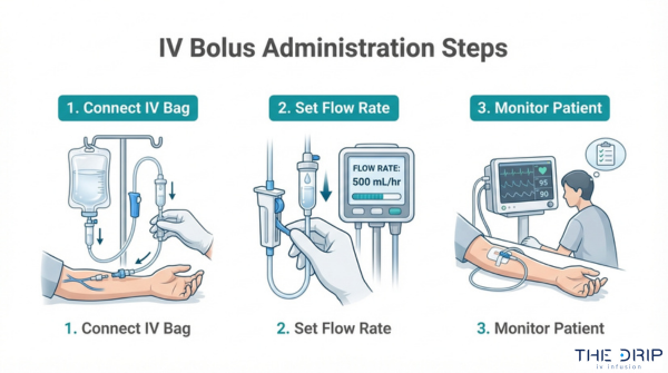 IV bolus administration steps infographic showing connecting IV bag, setting flow rate, and monitoring the patient during infusion