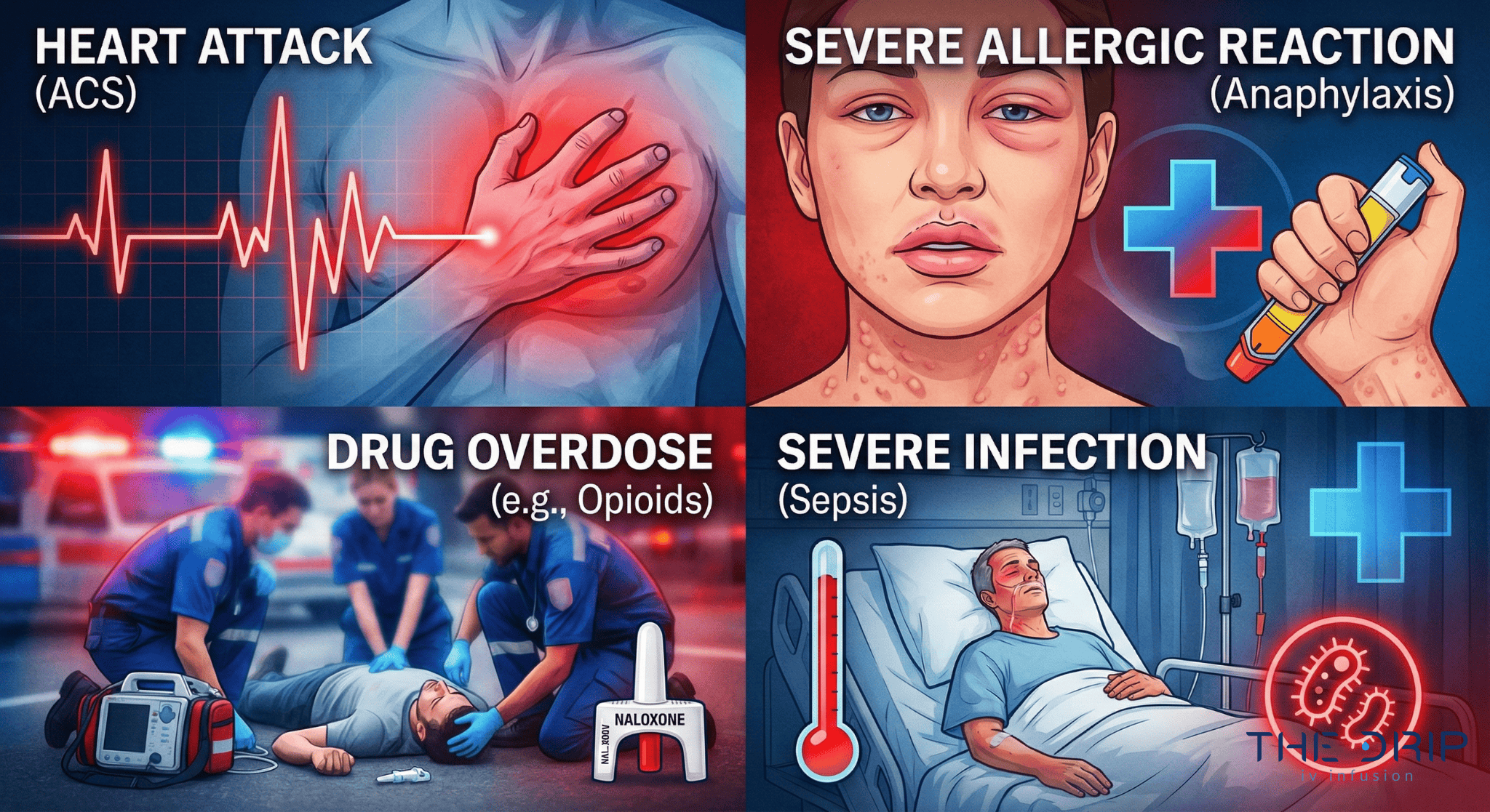 Collage showing emergency scenarios where IV bolus is used, including heart attack and overdose.