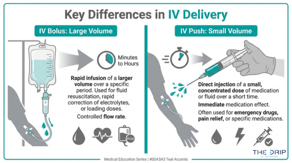 IV bolus vs IV push comparison infographic showing large volume infusion versus small volume injection, delivery speed, and medication use differences