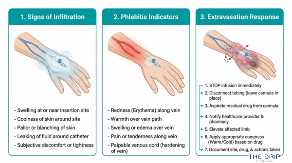 IV infiltration, phlebitis, and extravasation infographic showing common IV site complications, warning signs, and response steps