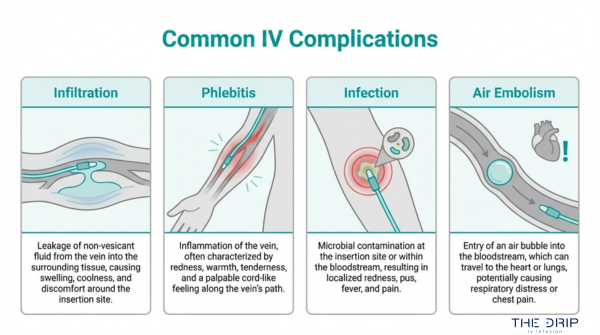 Common IV complications infographic showing infiltration, phlebitis, infection, and air embolism during intravenous therapy