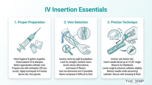 IV insertion essentials infographic showing proper preparation, vein selection, and precise catheter insertion technique