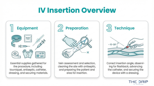 IV insertion overview infographic showing equipment, patient preparation, and insertion technique for starting an IV line