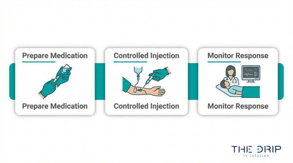 IV push administration guide showing medication preparation, controlled injection, and patient response monitoring steps