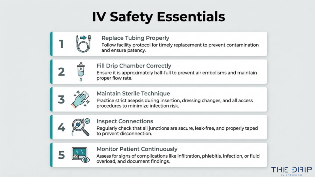 IV therapy safety essentials including tubing replacement sterile technique proper drip chamber use and continuous patient monitoring