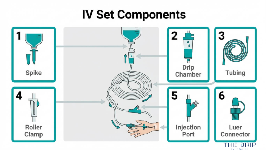IV set components diagram including spike drip chamber tubing roller clamp injection port and luer connector
