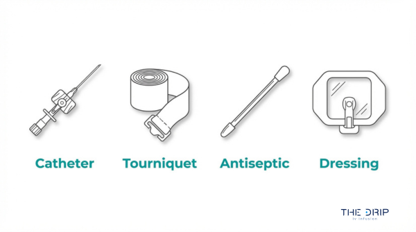 IV start kit components image showing catheter, tourniquet, antiseptic swab, and dressing used for IV insertion