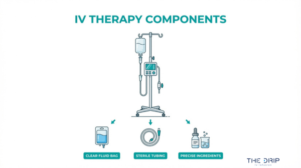 IV therapy components infographic showing IV stand, clear fluid bag, sterile tubing, and precise ingredients used in infusion therapy
