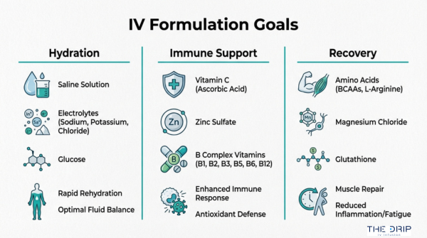 IV formulation goals chart showing hydration, immune support, and recovery ingredients used in IV therapy treatments