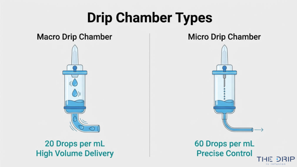 Macro vs micro drip chamber comparison showing 20 drops per mL for high volume and 60 drops per mL for precise control