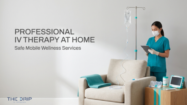 Professional mobile IV therapy at home with nurse administering IV drip for safe convenient wellness treatment