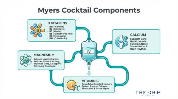 Myers Cocktail components infographic showing B vitamins, magnesium, calcium, and vitamin C in IV hydration therapy