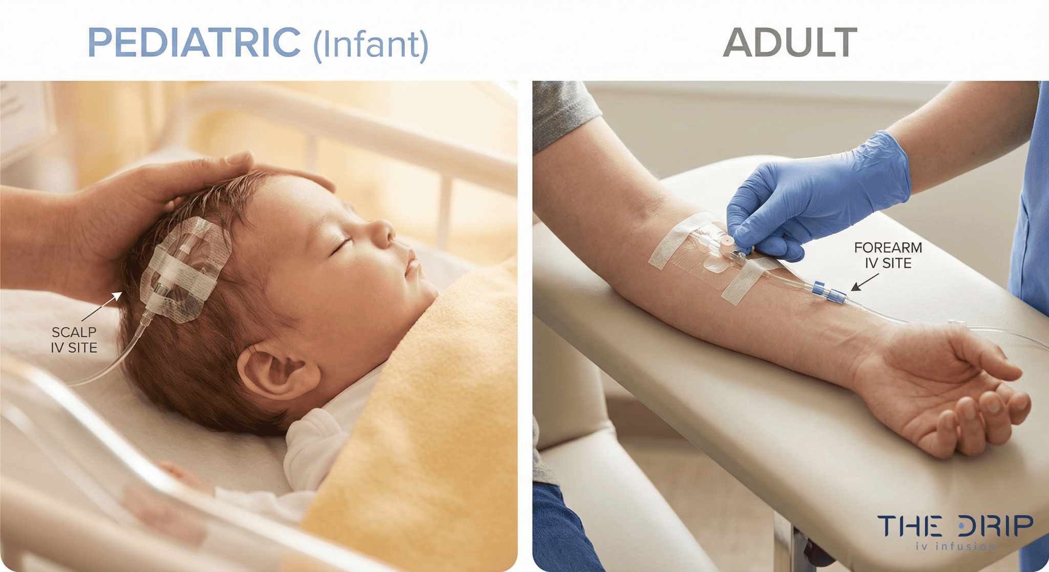 Visual comparison of IV insertion sites for infants (scalp) and adults (forearm), showing age-specific differences.