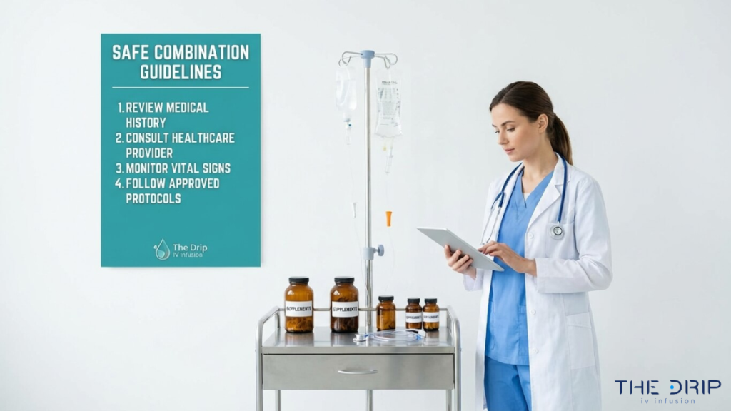 IV therapy safety guidelines with healthcare professional reviewing medical history monitoring vitals and administering IV infusion