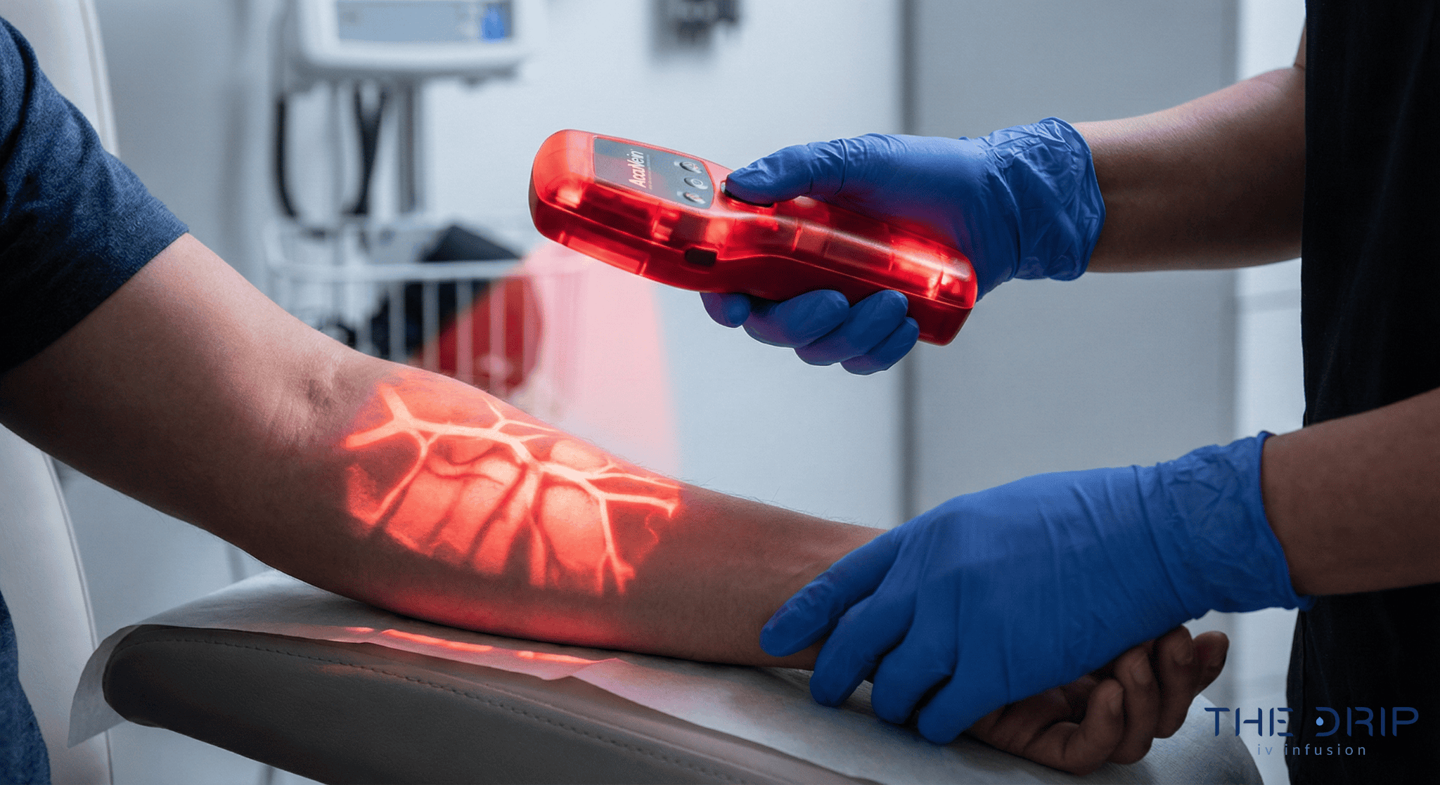 Doctor using near-infrared vein finder to locate veins in a patient’s forearm before IV insertion.