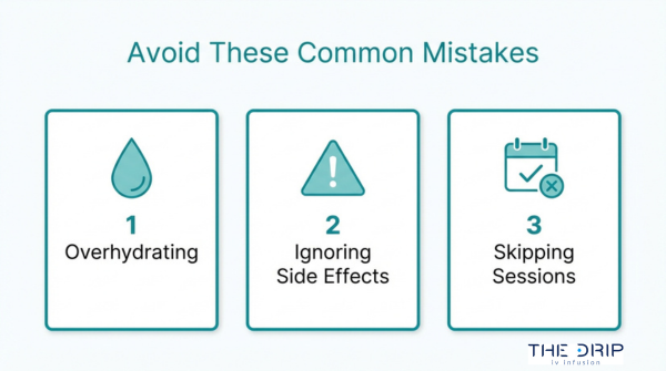 Post IV drip mistakes infographic showing overhydrating, ignoring side effects, and skipping follow-up sessions after infusion therapy