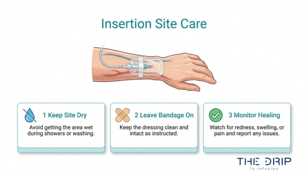 IV insertion site care infographic showing how to keep the IV site dry, leave the bandage on, and monitor healing after treatment