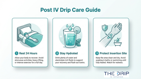 Post IV drip care guide infographic showing rest, stay hydrated, and protect the insertion site after IV therapy