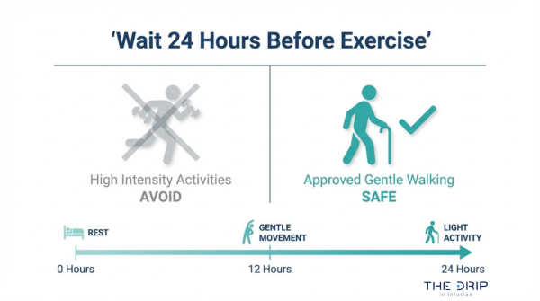 Post IV exercise guidelines infographic showing to avoid high-intensity workouts for 24 hours and choose gentle walking after infusion