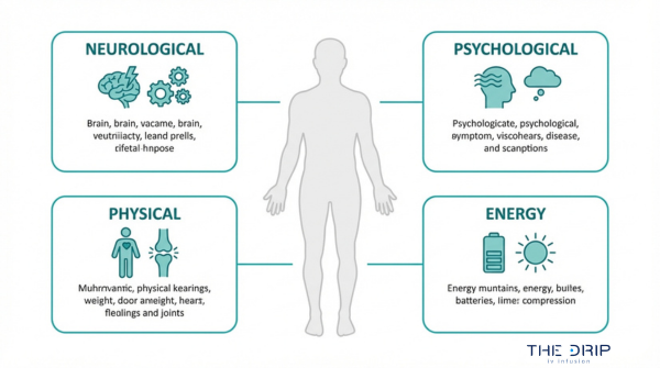 Vitamin B12 deficiency symptoms chart showing neurological, psychological, physical, and energy-related signs and effects