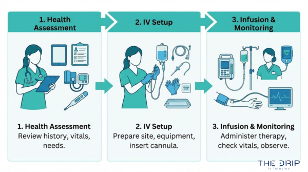 B12 IV session process infographic showing health assessment, IV setup, and infusion monitoring during vitamin therapy treatment