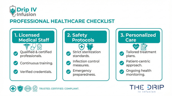 B12 IV provider checklist infographic showing licensed medical staff, safety protocols, and personalized care for professional infusion services