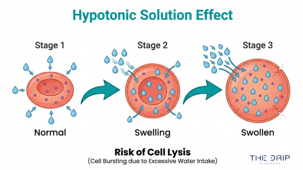 Hypotonic IV solution effect on cells causing swelling and increased risk of cell lysis due to fluid shift into cells