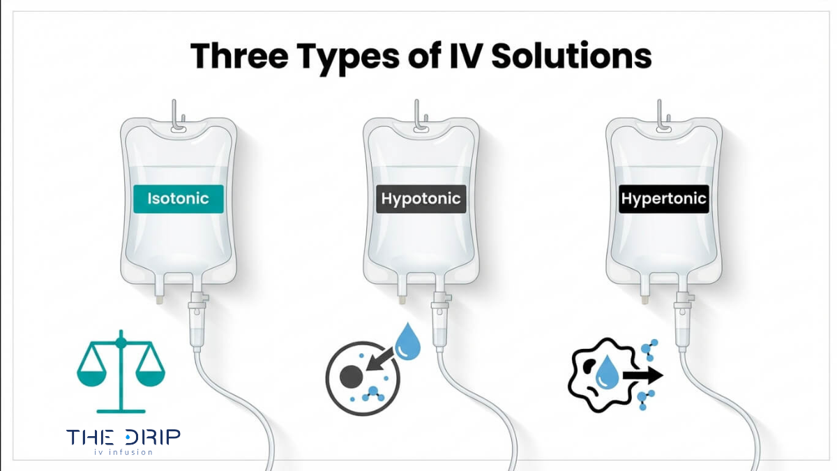 Three types of IV fluids isotonic, hypotonic, and hypertonic illustrated with fluid bags and their effects on cells