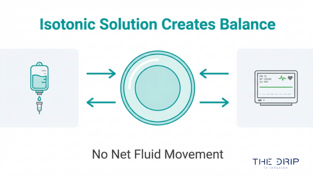 Isotonic IV solution maintaining fluid balance with no net movement across cells and stable patient vital signs