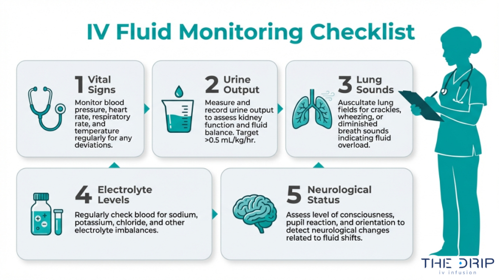 IV fluid monitoring checklist showing vital signs, urine output, lung sounds, electrolyte levels, and neurological status assessment