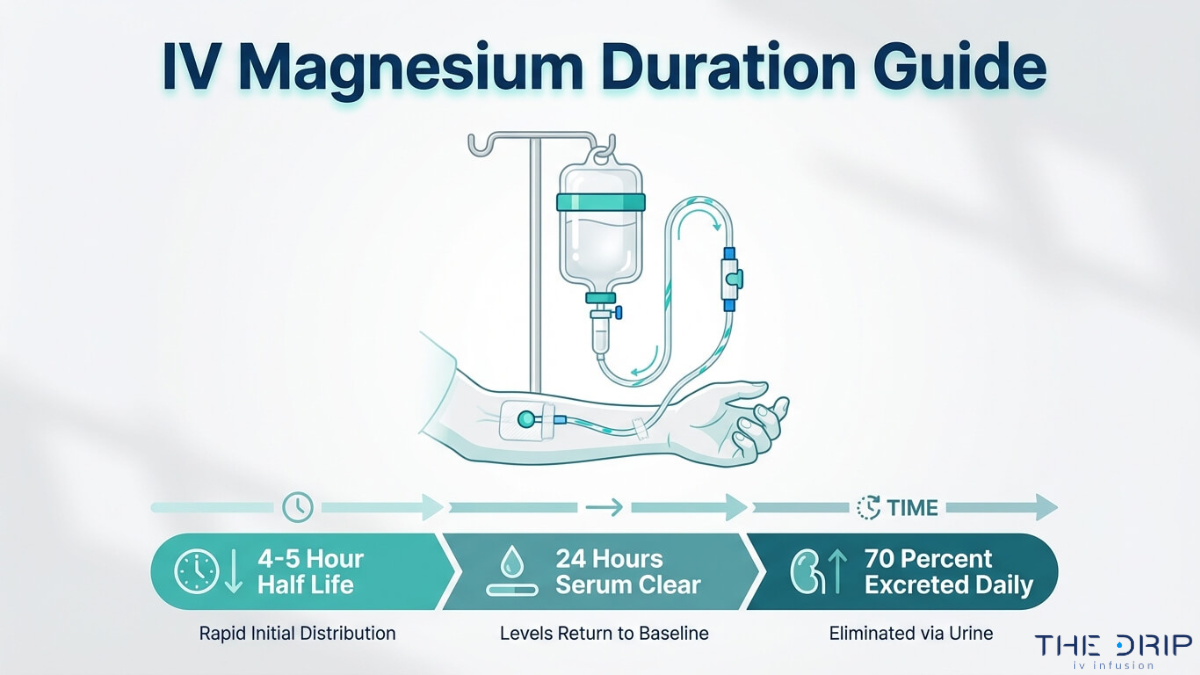 IV magnesium timeline showing 4 to 5 hour half life 24 hour clearance and daily excretion process in the body