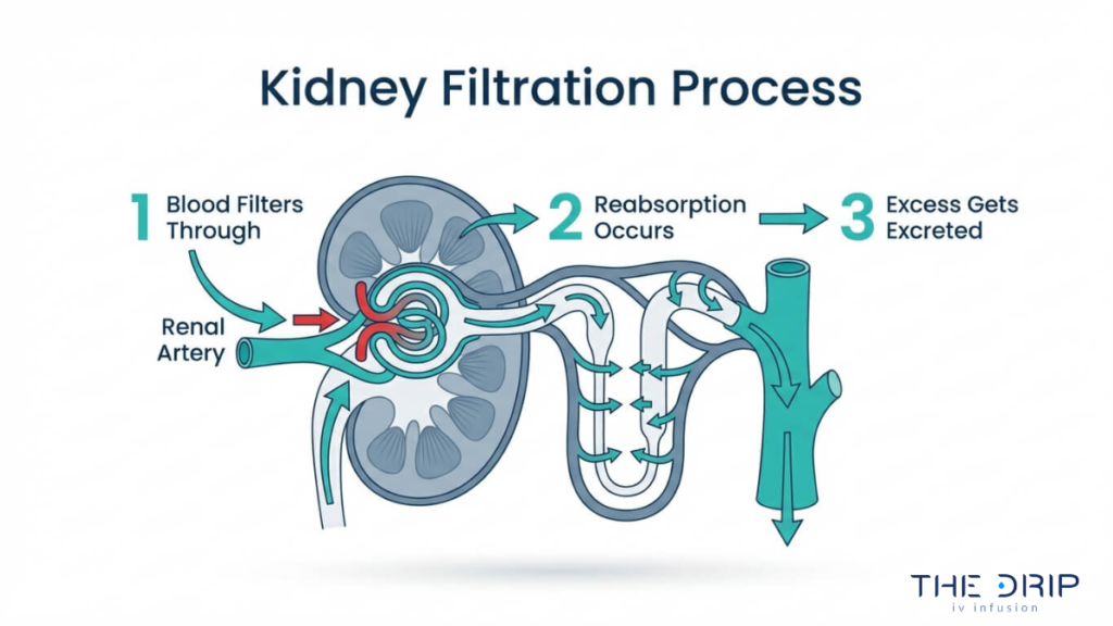 Kidney filtration process diagram showing blood flow reabsorption and waste excretion through renal system