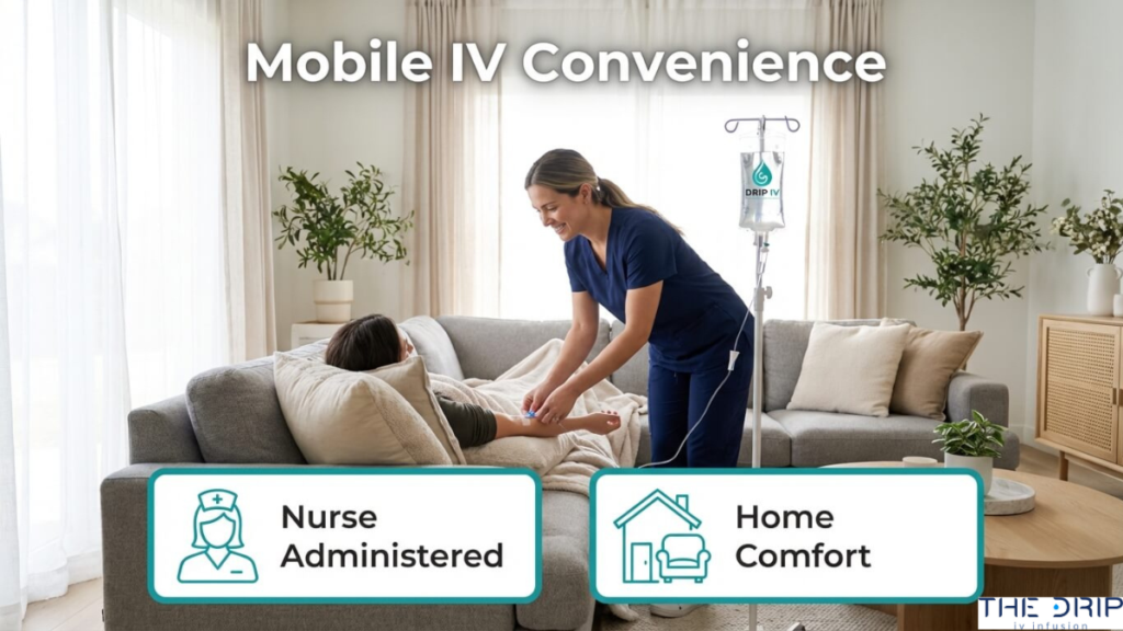 Mobile IV therapy at home with nurse administering IV drip highlighting convenience and in-home treatment comfort