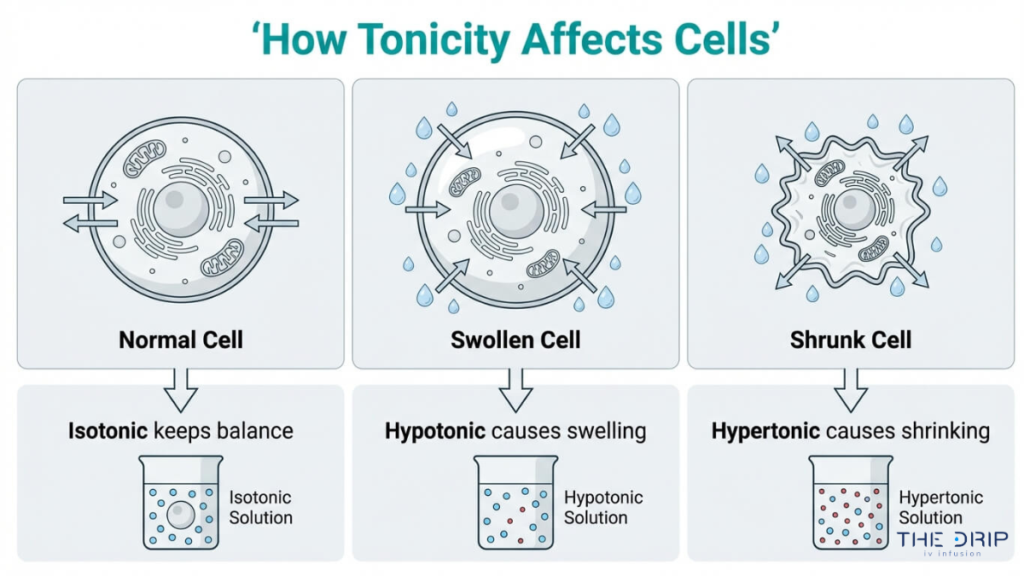 Comparison of isotonic, hypotonic, and hypertonic solutions showing normal, swollen, and shrunken cell states