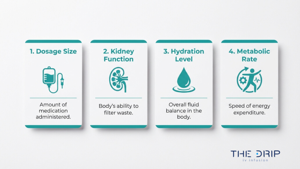 Factors affecting IV therapy including dosage size kidney function hydration levels and metabolic rate