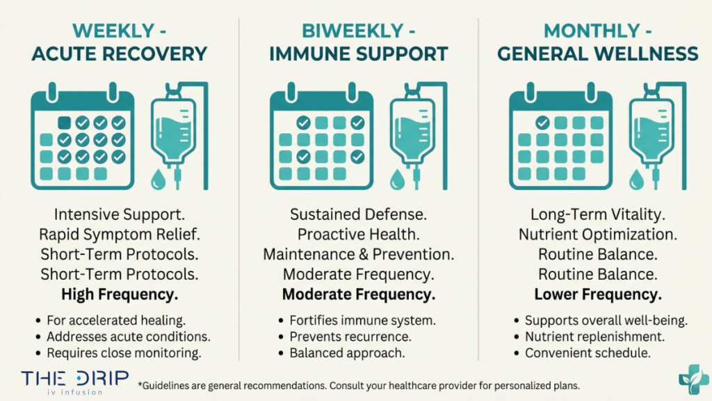 IV therapy schedule comparison weekly acute recovery biweekly immune support and monthly wellness maintenance plans