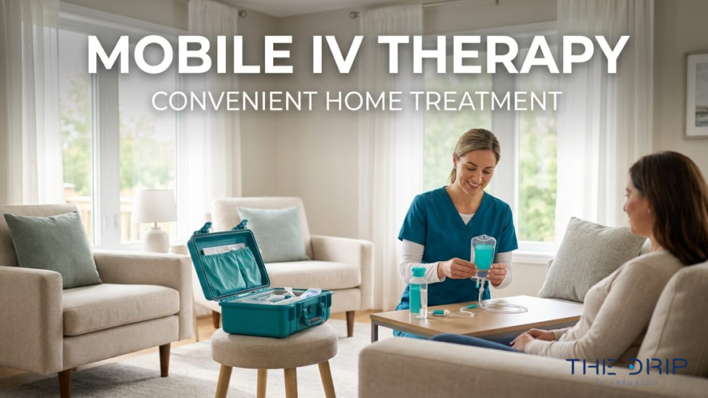 Mobile IV therapy service with nurse providing convenient in home IV infusion treatment for wellness and recovery
