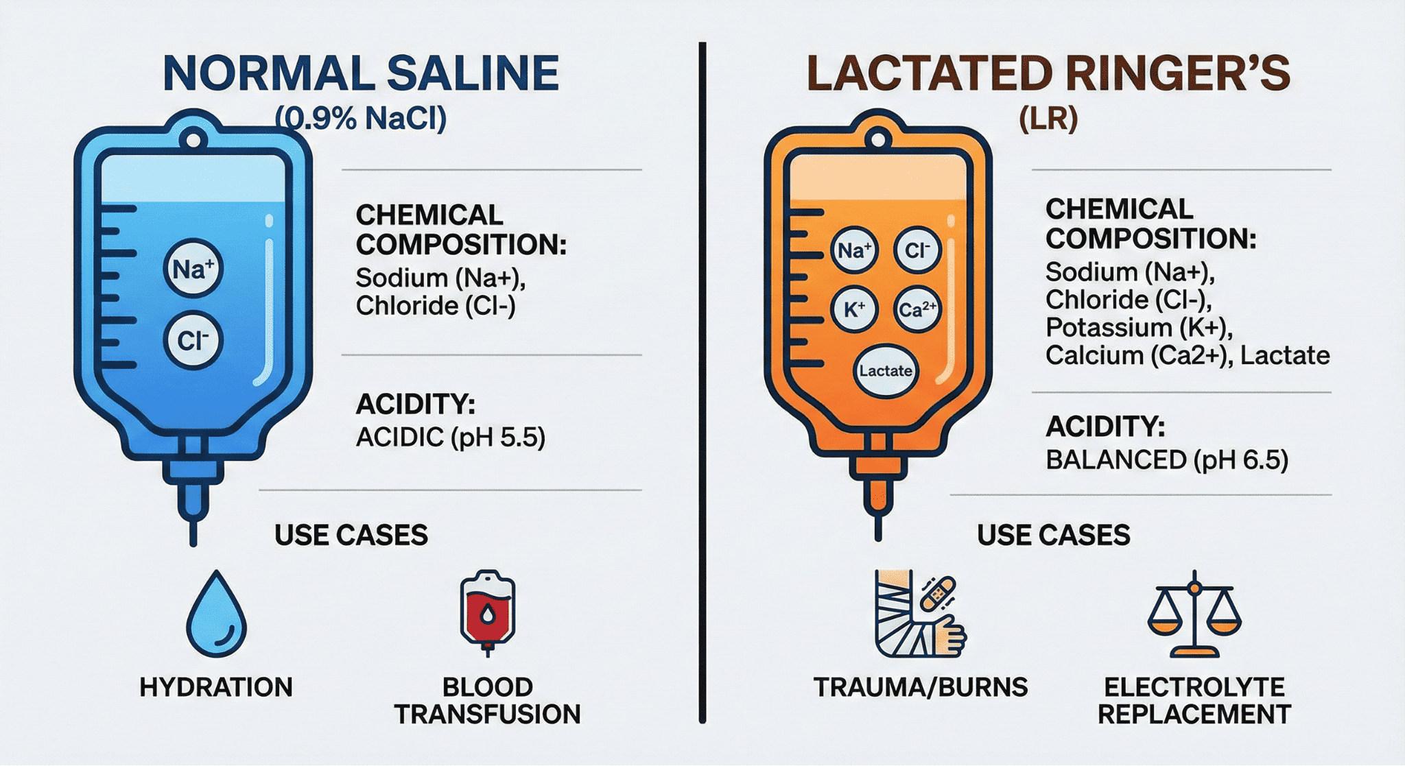 normal-saline-vs-lactated-ringers-comparison Comparison chart showing ingredient and usage differences between Normal Saline and Lactated Ringer’s
