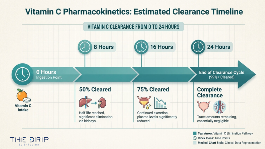Vitamin C pharmacokinetics timeline showing absorption clearance at 8 16 and 24 hours with kidney elimination process