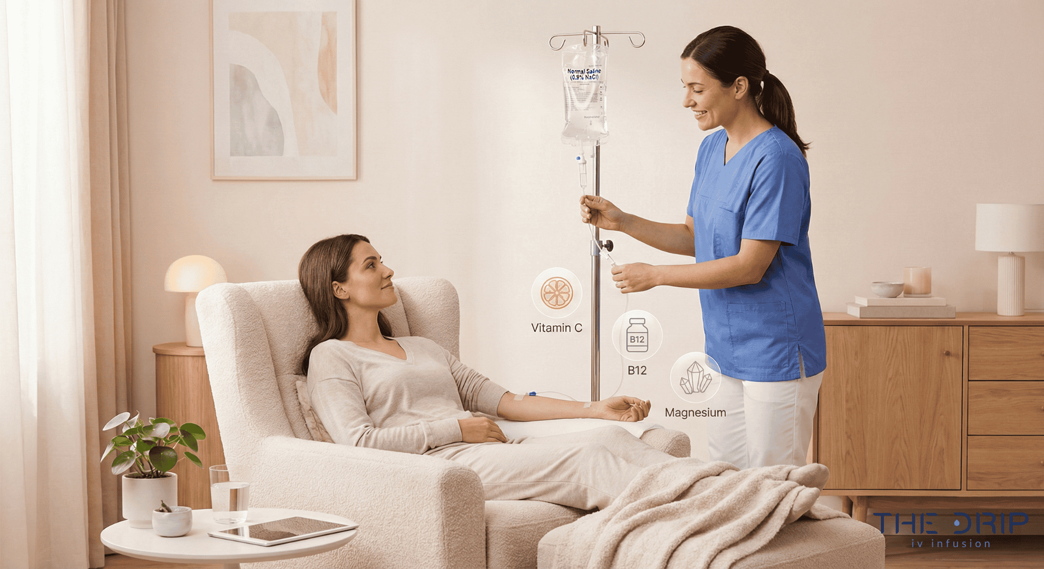 wellness-iv-therapy-normal-saline-drip Client receiving customized Normal Saline IV therapy in a wellness setting