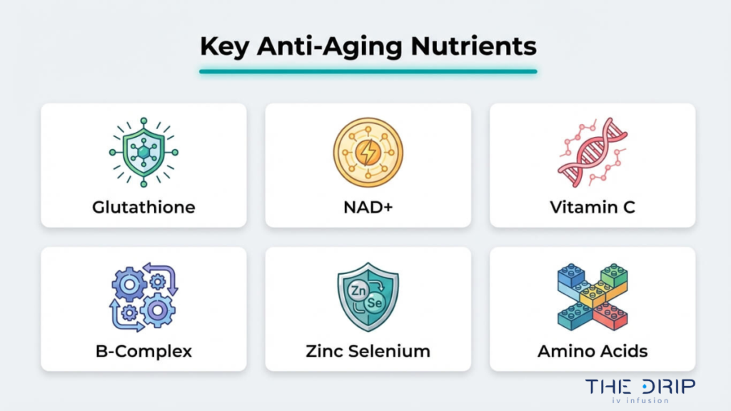 Infographic of key anti-aging IV nutrients including glutathione, NAD plus, vitamin C, B-complex, zinc, selenium, and amino acids