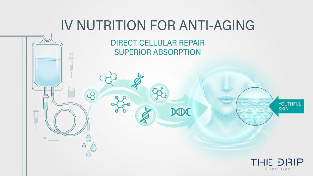IV nutrition therapy illustration showing cellular repair, improved absorption, and skin rejuvenation for anti-aging benefits